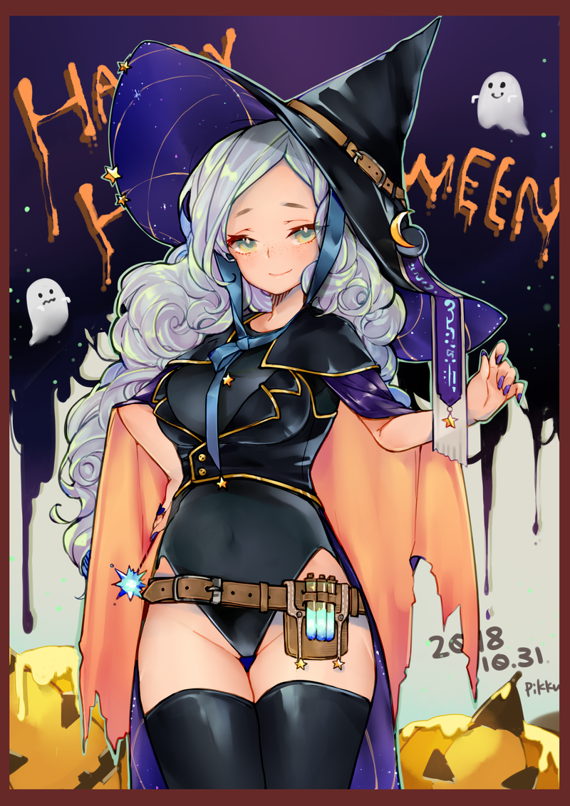 1girl, belt_buckle, black_hat, black_legwear, black_leotard, black_vest, blush, border