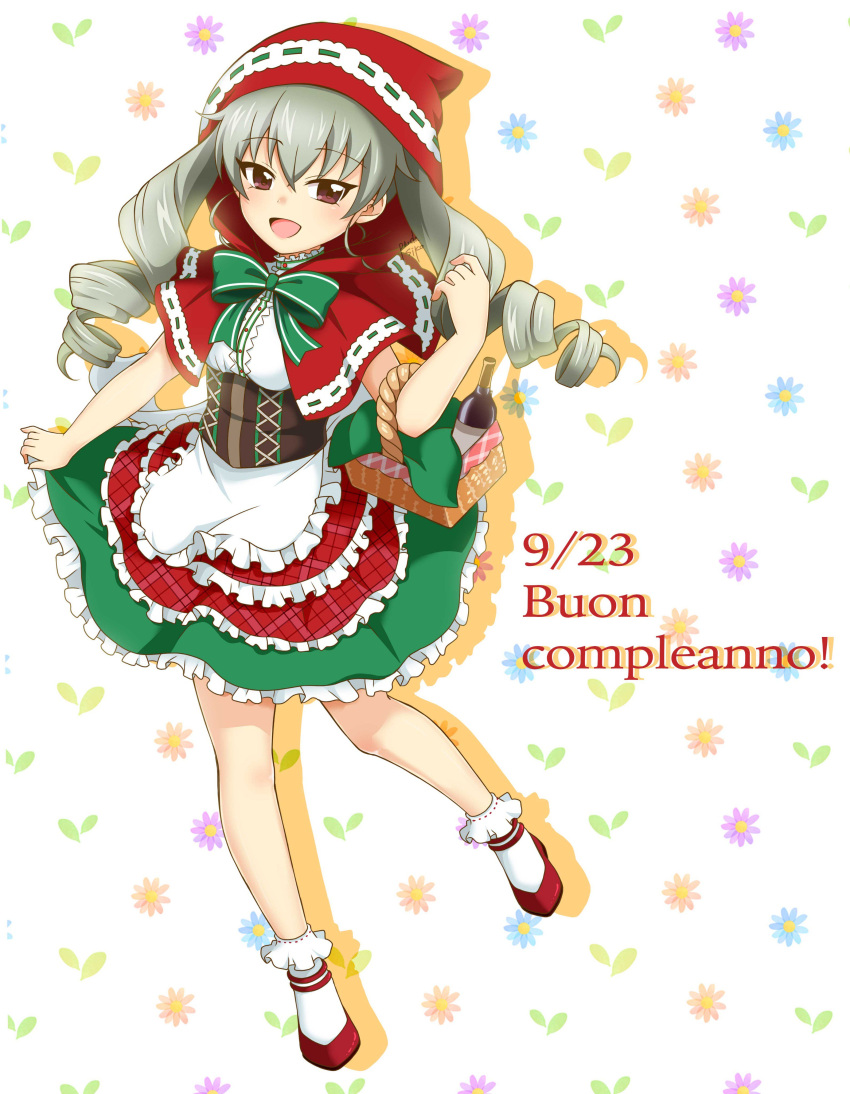 1girl, absurdres, alternate_costume, anchovy, artist_name, bangs, bobby_socks, bottle, bow, bowtie, cape, carrying, commentary, corset, cosplay, dated, dress, drill_hair, eyebrows_visible_through_hair, flats, floral_background, frilled_dress, frills, girls_und_panzer, green_dress, green_hair, green_neckwear, happy_birthday, highres, italian, layered_dress, little_red_riding_hood_(grimm), little_red_riding_hood_(grimm)_(cosplay), long_hair, looking_at_viewer, medium_dress, open_mouth, parda_siko, picnic_basket, red_cape, red_dress, red_eyes, red_footwear, red_hood, shadow, shoes, signature, smile, socks, solo, standing, twin_drills, twintails, two-tone_dress, white_legwear, wine_bottle