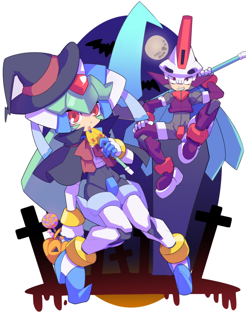 1boy, 1girl, android, bat, black_capelet, bodysuit, brown_hair, candy