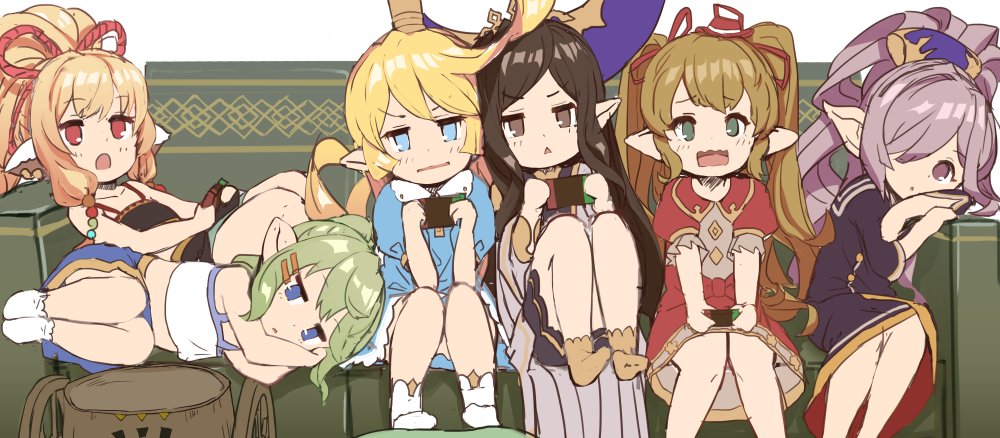 6+girls, arulumaya, blonde_hair, blue_eyes, brown_eyes, brown_hair, charlotta_fenia, couch