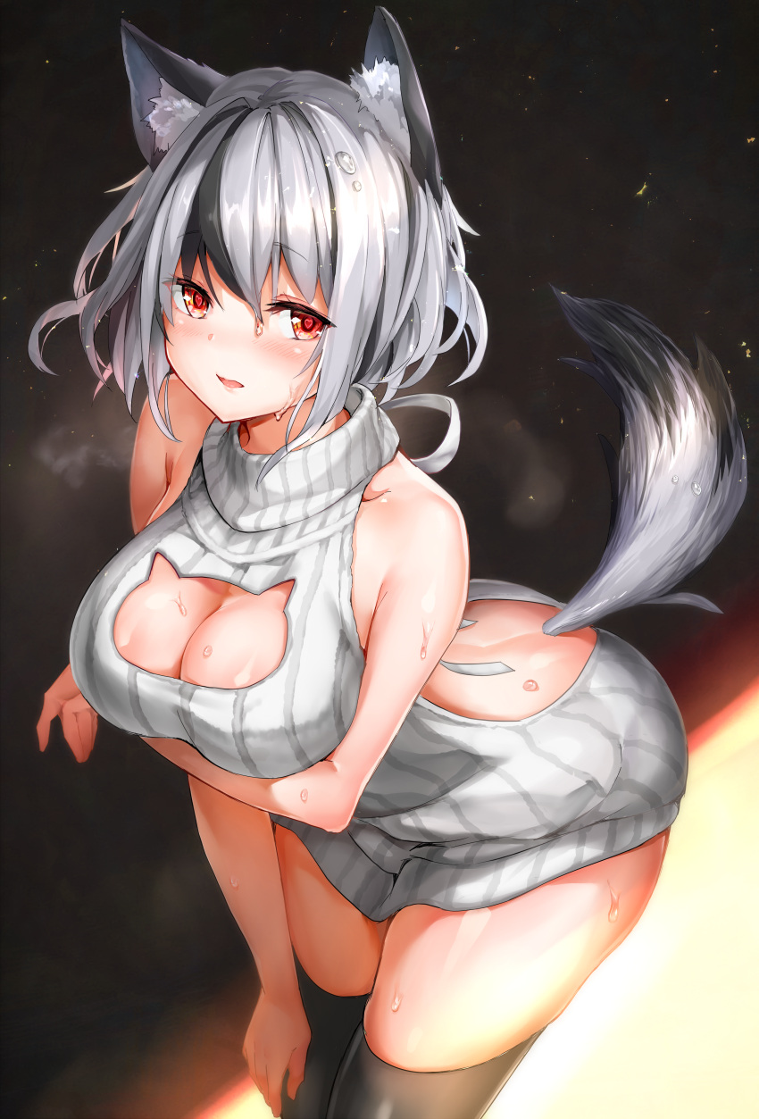 1girl, absurdres, animal_ear_fluff, animal_ears, arched_back, arm_under_breasts, ass, backless_outfit