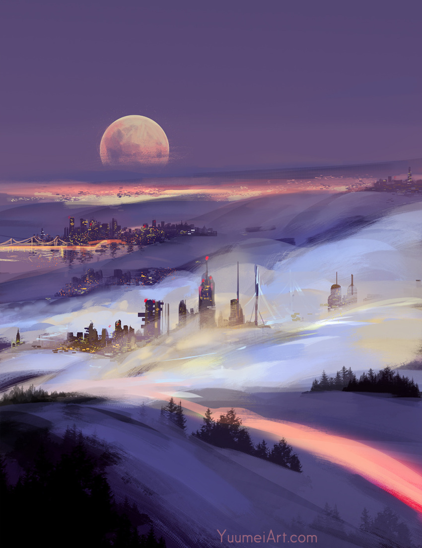 bridge, building, city, commentary, english_commentary, fog, forest, full_moon