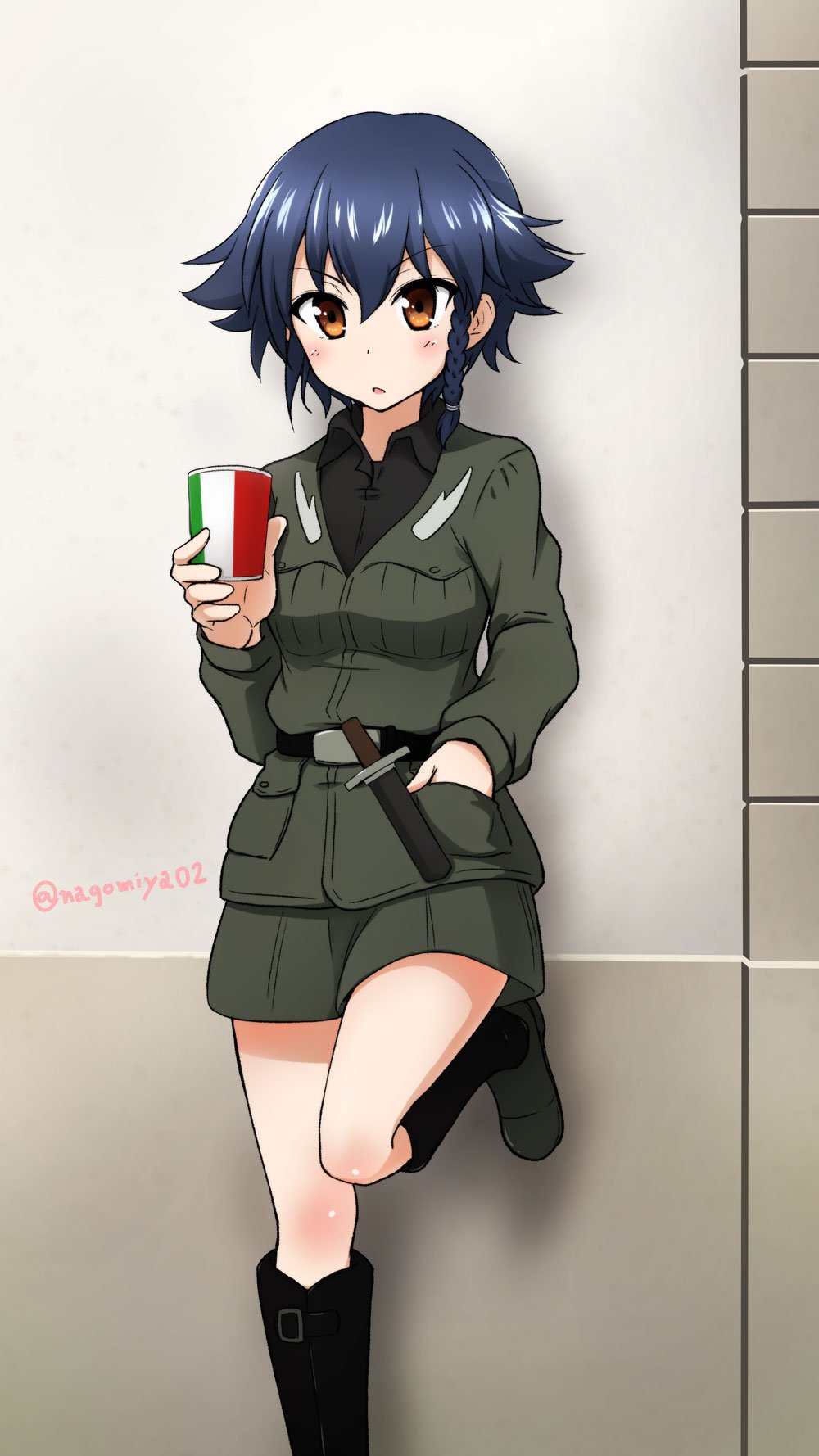 1girl, :o, against_wall, anzio_military_uniform, bangs, belt, black_belt, black_footwear