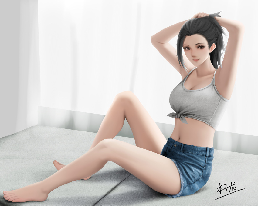 arms_up, barefoot, black_eyes, black_hair, boku_no_hero_academia, breasts, brown_eyes, cleavage
