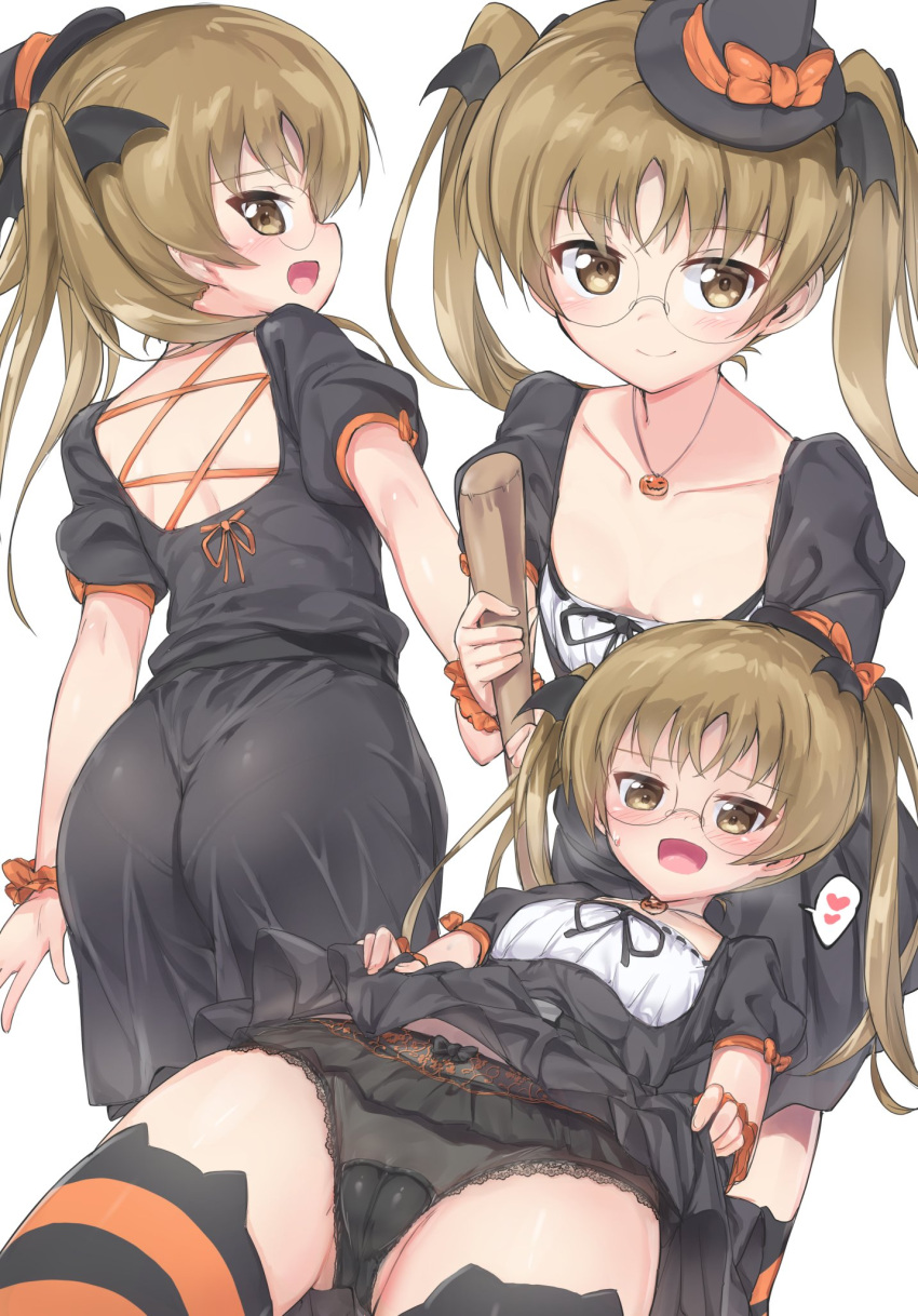 1girl, ass, blonde_hair, blush, breasts, broom, brown_eyes, collarbone