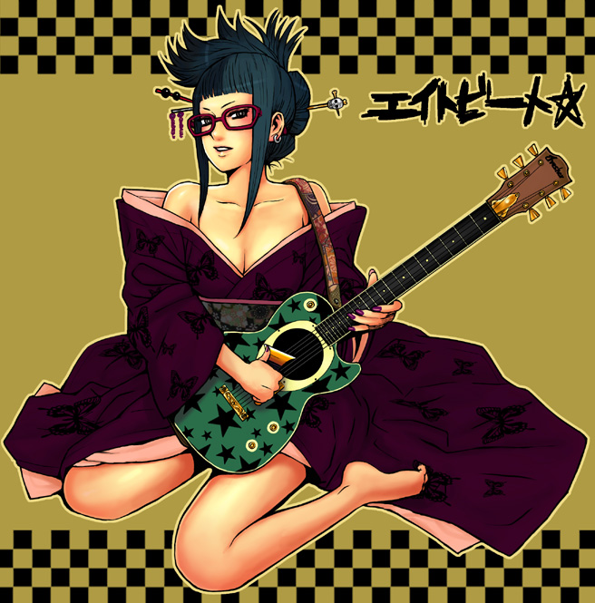 bare_shoulders, blue_hair, breasts, cleavage, glasses, guitar, instrument, itou_eito