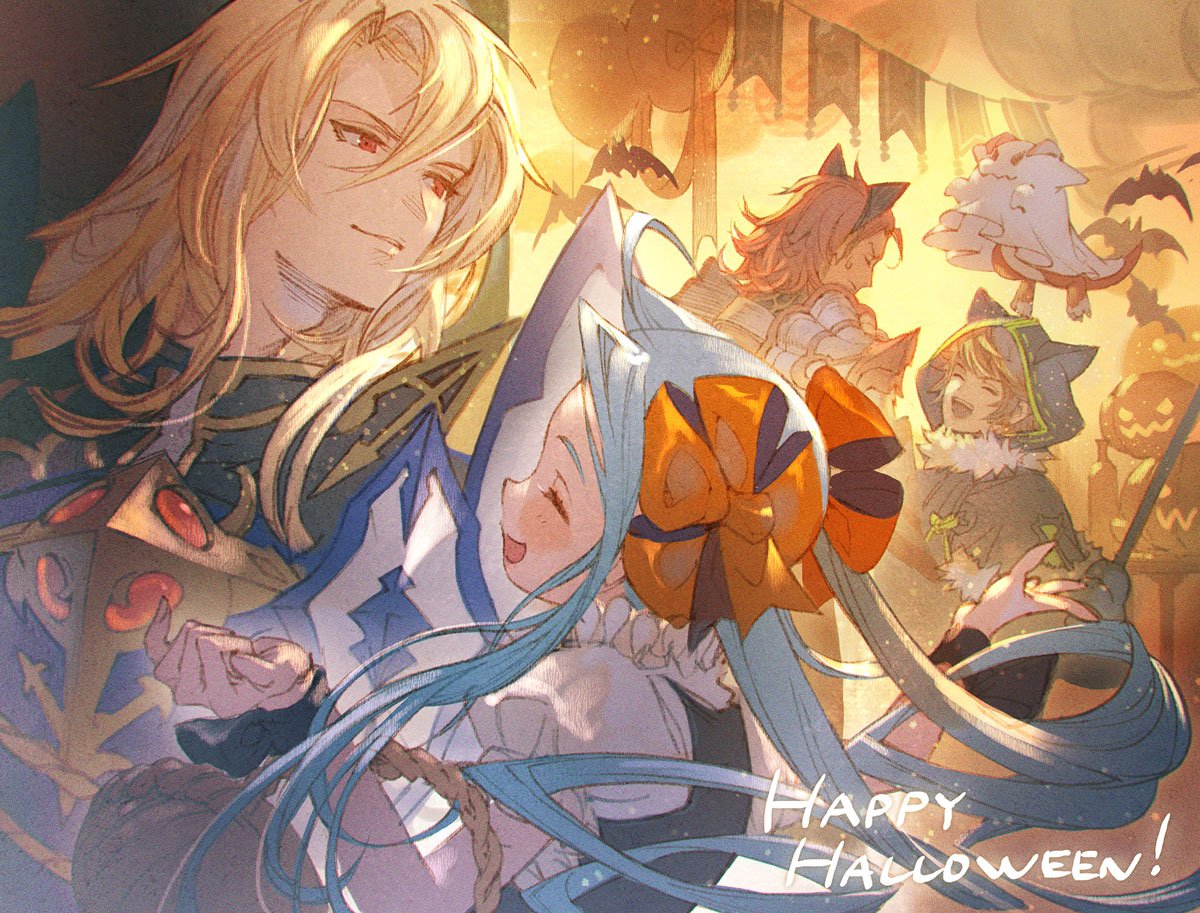 1girl, 3boys, :d, aglovale_(granblue_fantasy), ahoge, alternate_costume, animal_ears, armor