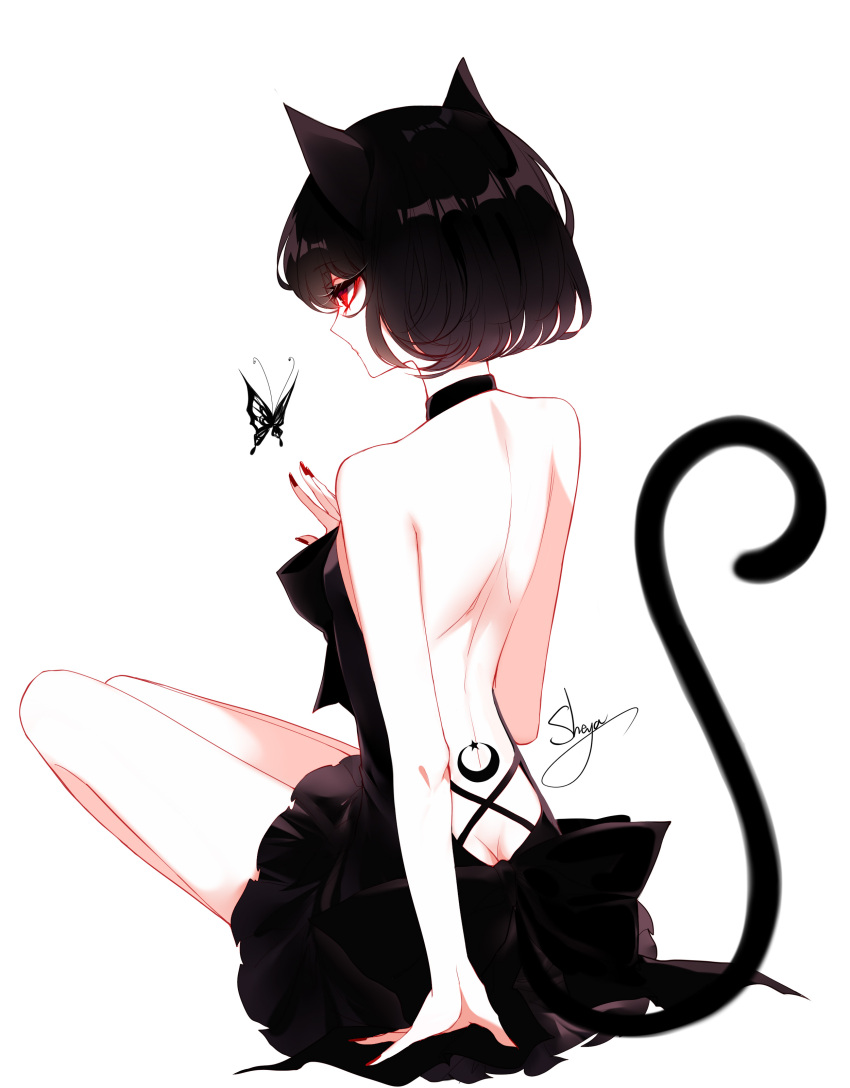 1girl, absurdres, animal_ear_fluff, animal_ears, arm_support, artist_name, back_tattoo, backless_dress
