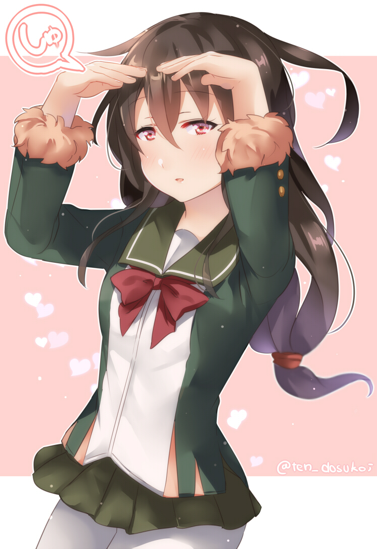 1girl, ahoge, black_hair, blush, bow, commentary_request, cosplay, eyebrows_visible_through_hair