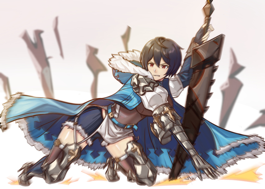 1girl, absurdres, armor, belt, black_hair, cape, celliera, dragalia_lost