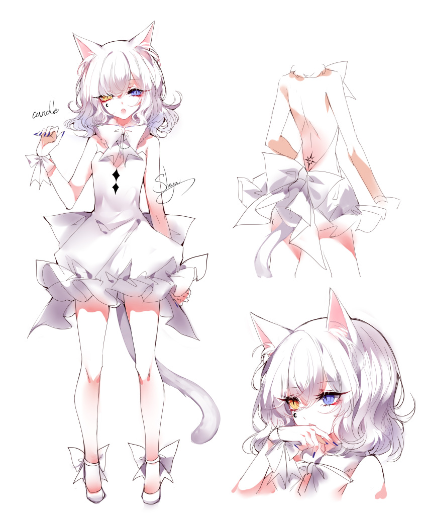 1girl, :o, absurdres, animal_ear_fluff, animal_ears, artist_name, back_tattoo, backless_dress, backless_outfit, bangs, bare_arms, bare_back, bare_legs, bare_shoulders, blue_eyes, blue_nails, breasts, cat_ears, cat_tail, chinese_commentary, commentary_request, crescent_tattoo, dress, eyebrows_visible_through_hair, eyelashes, facial_tattoo, fangs, hair_between_eyes, hand_up, heterochromia, highres, looking_at_viewer, multiple_views, nail_polish, open_mouth, original, ribbon, sheya, shoes, short_hair, signature, silver_hair, simple_background, slit_pupils, small_breasts, strapless, strapless_dress, tail, tattoo, thighs, upper_body, white_background, white_dress, white_footwear, white_ribbon, wrist_ribbon, yellow_eyes