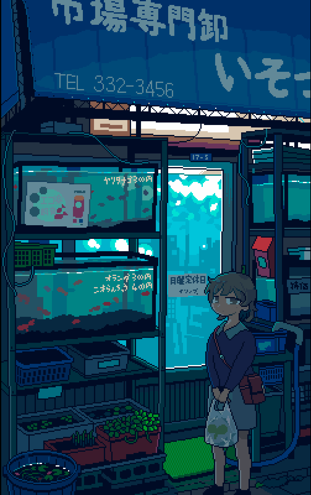 1girl, bag, basket, black_footwear, blue_shirt, clover_print, collared_shirt, door