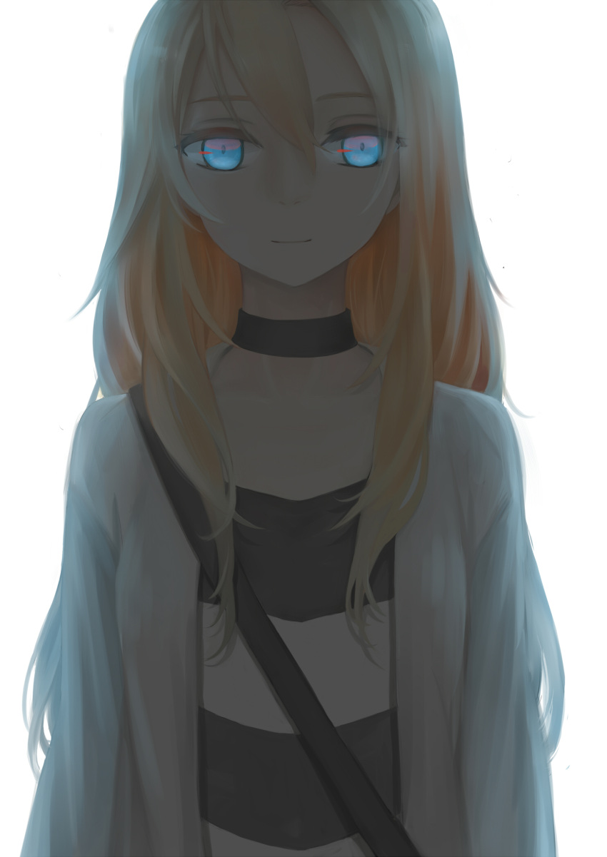 1girl, backlighting, blonde_hair, blue, choker, collarbone, eyes, hair_between_eyes