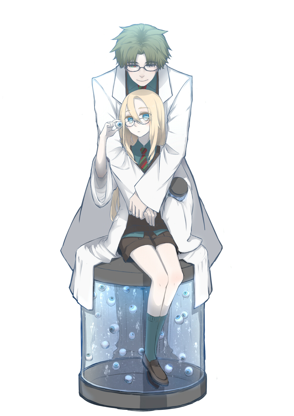 1boy, 1girl, aqua_shirt, black-framed_eyewear, black_shorts, blonde_hair, blue_eyes, brown_footwear