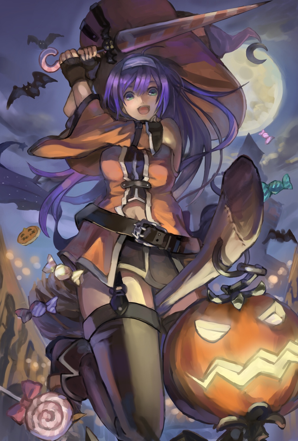 1girl, bat, belt, black_gloves, black_legwear, blue_hair, broom, broom_riding