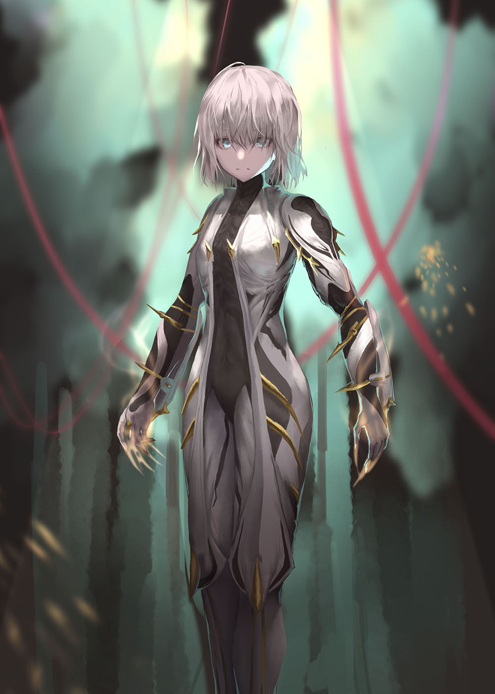 1girl, bodysuit, claws, closed_mouth, expressionless, eyebrows_visible_through_hair, eyes_visible_through_hair, grey_eyes, highres, humanization, josh5330, looking_at_viewer, short_hair, solo, sparks, standing, tagme, valkyr_(warframe), valkyr_prime_(warframe), warframe, white_hair