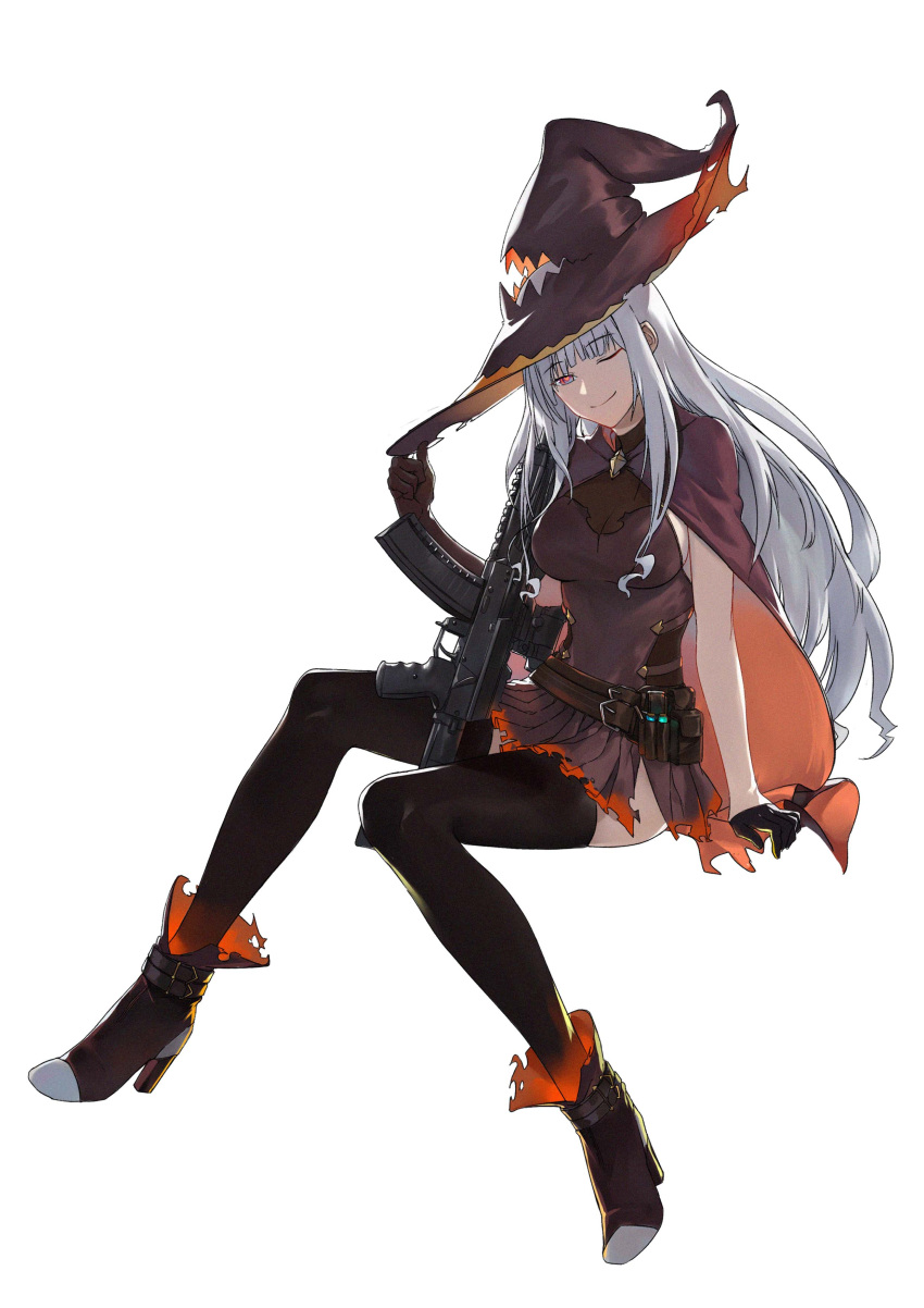 1girl, absurdres, adjusting_headwear, ak-12, ak-12_(girls_frontline), arm_support, assault_rifle, bangs