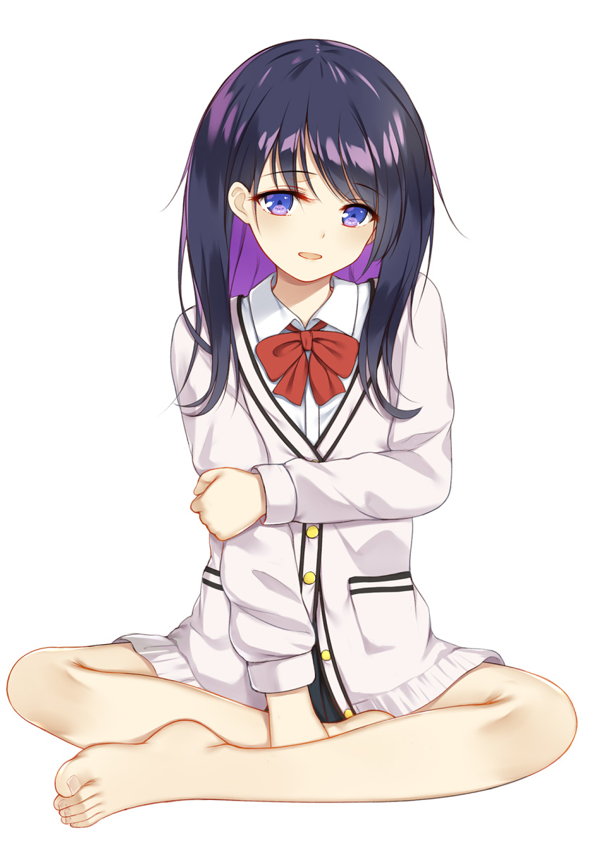 1girl, arm_grab, bangs, barefoot, black_hair, black_skirt, bow, bowtie
