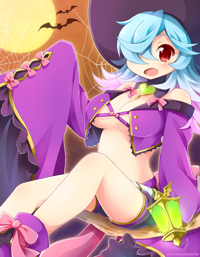 1girl, bat, blue_hair, breasts, broom, broom_riding, cleavage, cosplay