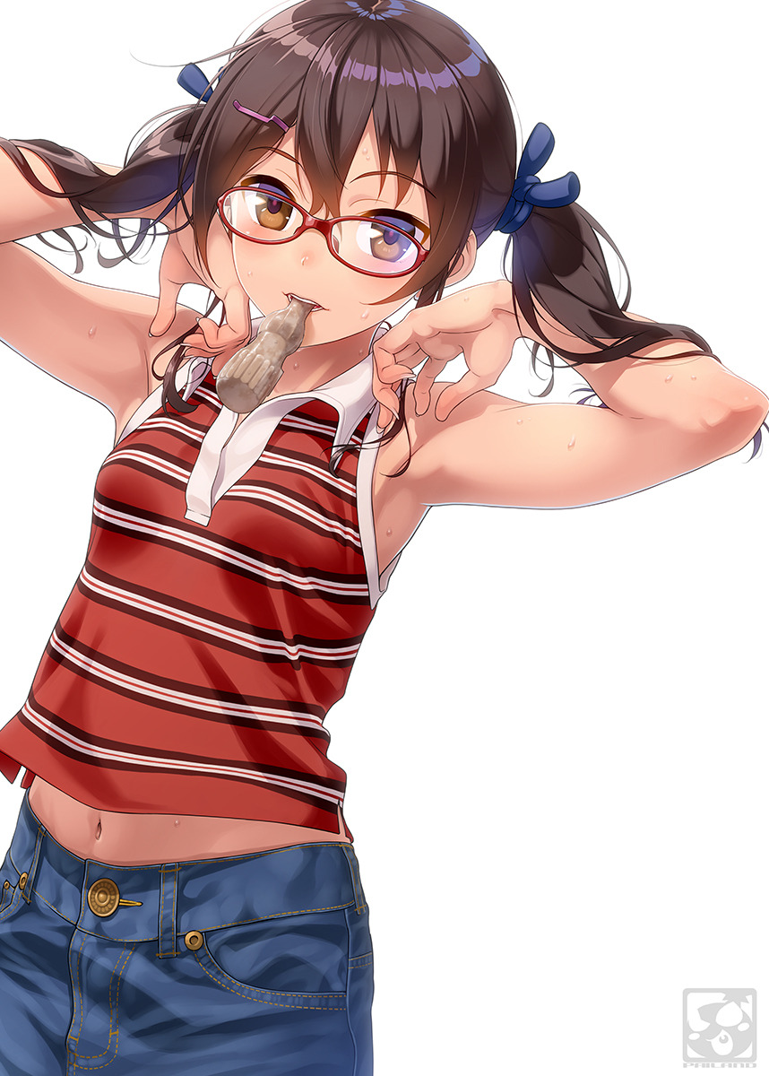 1girl, aoi_sora_(pairan), armpits, arms_up, bare_shoulders, blush, brown_eyes, brown_hair