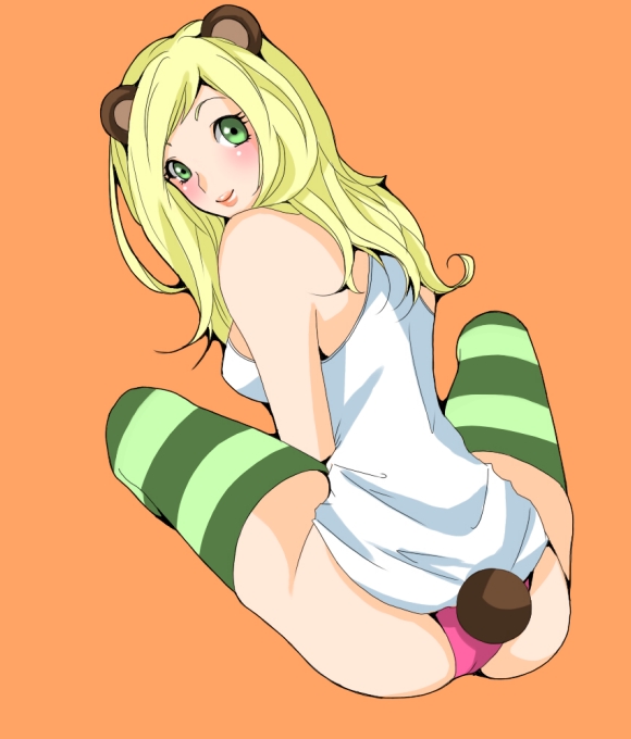 back, blonde_hair, blush, green_eyes, long_hair, otama, panties, sitting