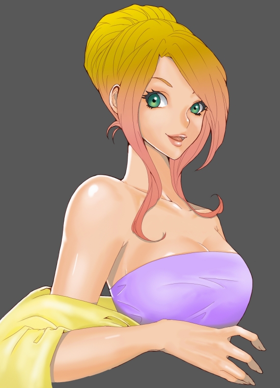 breasts, cleavage, green_eyes, multicolored_hair, otama, two-tone_hair