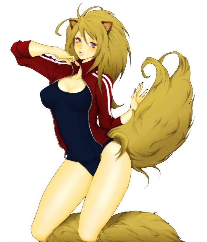 animal_ears, blush, brown_hair, fur, grey_eyes, long_hair, no_pants, one-piece_swimsuit, open_clothes, otama, school_swimsuit, silver_eyes, swimsuit, swimsuit_under_clothes, tail, track_suit