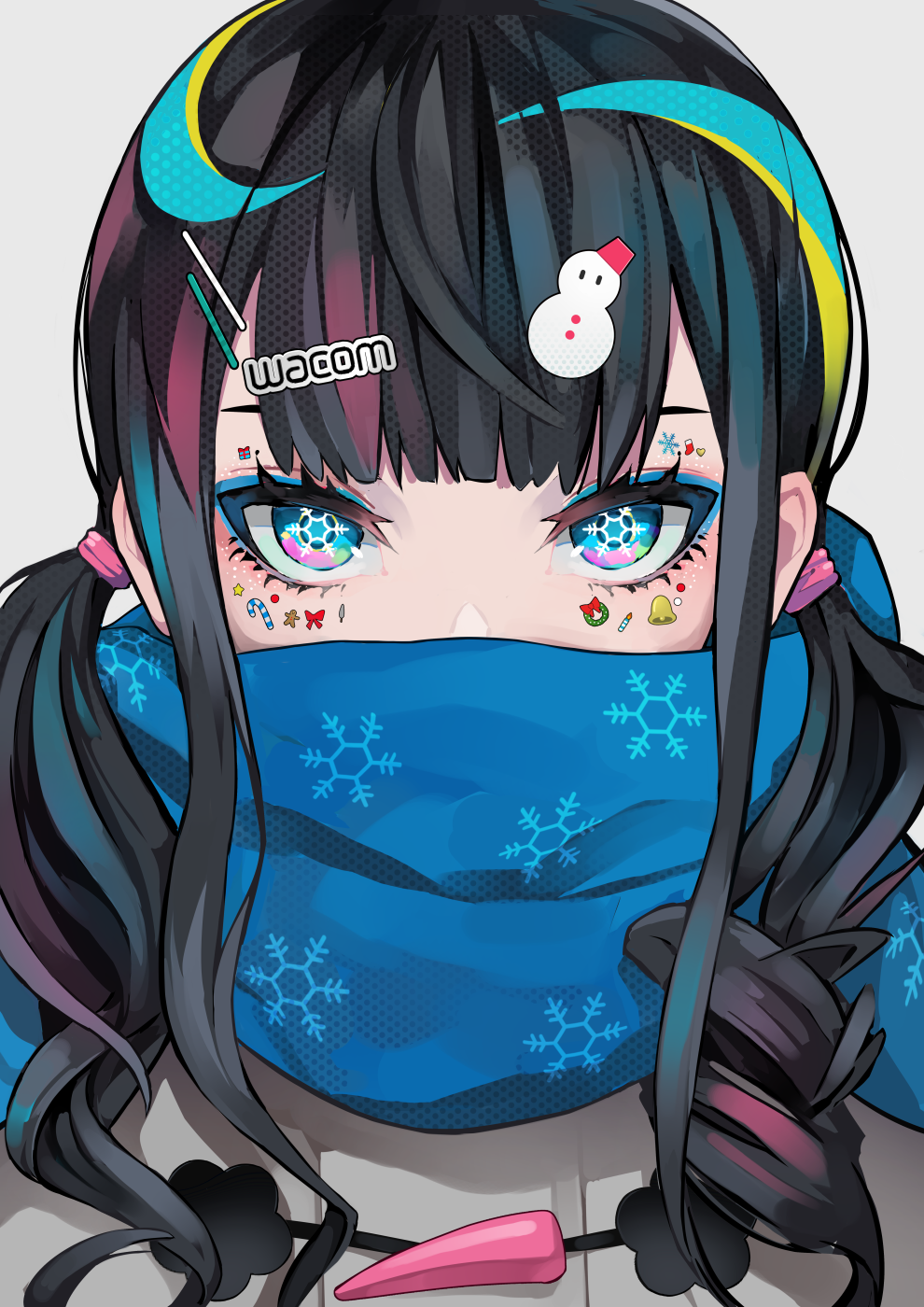 1girl, bangs, bell, black_hair, blue_eyes, blue_hair, blue_scarf, blush