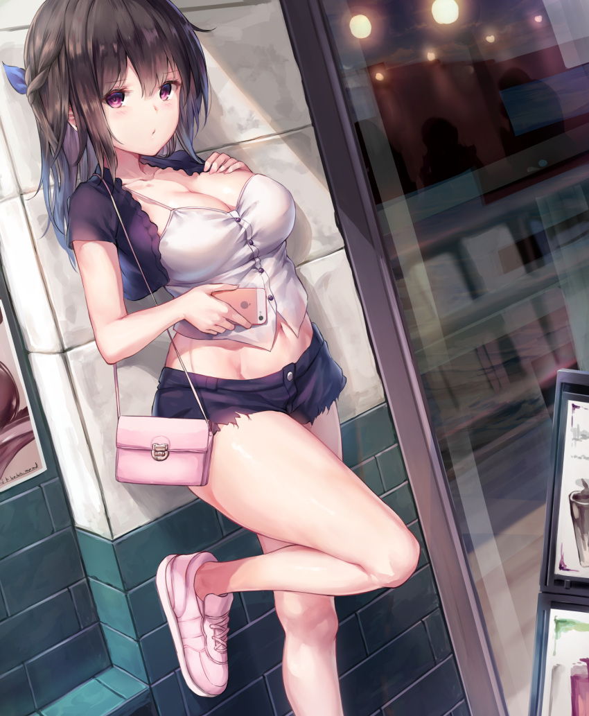1girl, against_wall, bag, bangs, bare_legs, black_jacket, black_shorts, blush, braid, breasts, brown_hair, building, cellphone, cleavage, closed_mouth, collarbone, commentary_request, cropped_jacket, day, eyebrows_visible_through_hair, fingernails, french_braid, hair_between_eyes, hair_ornament, hand_on_own_chest, highres, holding, holding_phone, jacket, large_breasts, legs_up, long_hair, nail_polish, navel, open_clothes, open_jacket, original, outdoors, phone, pink_nails, pouty_lips, shoes, short_shorts, short_sleeves, shorts, shoulder_bag, smartphone, sneakers, solo, standing, standing_on_one_leg, stomach, tama_satou, violet_eyes, white_footwear