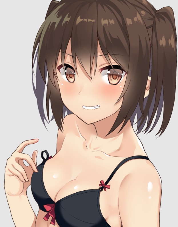 1girl, bangs, bare_shoulders, bikini, bikini_top, black_bikini, blush, breasts, brown_eyes, brown_hair, cleavage, collarbone, eyebrows_visible_through_hair, grin, hair_between_eyes, hand_up, kantai_collection, looking_at_viewer, medium_hair, parted_lips, sendai_(kantai_collection), small_breasts, smile, solo, strap_slip, swimsuit, teeth, two_side_up, upper_body, v-shaped_eyebrows, yuzuttan