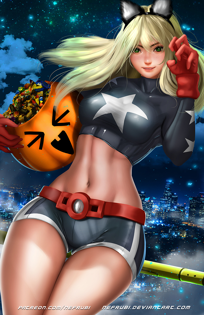 1girl, animal_ears, bangs, belt, blonde_hair, breasts, cat_ears, city