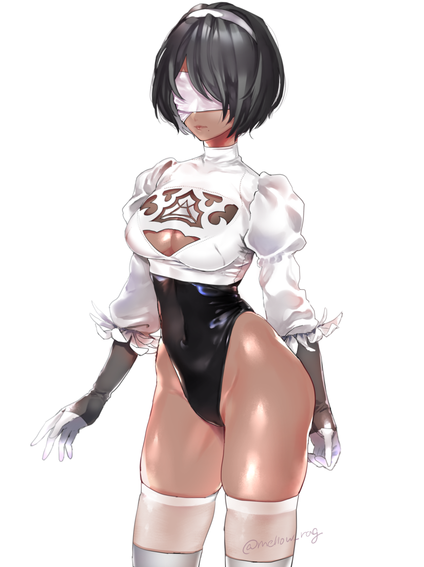 1girl, alternate_color, black_hair, black_leotard, blindfold, breasts, cleavage, cleavage_cutout