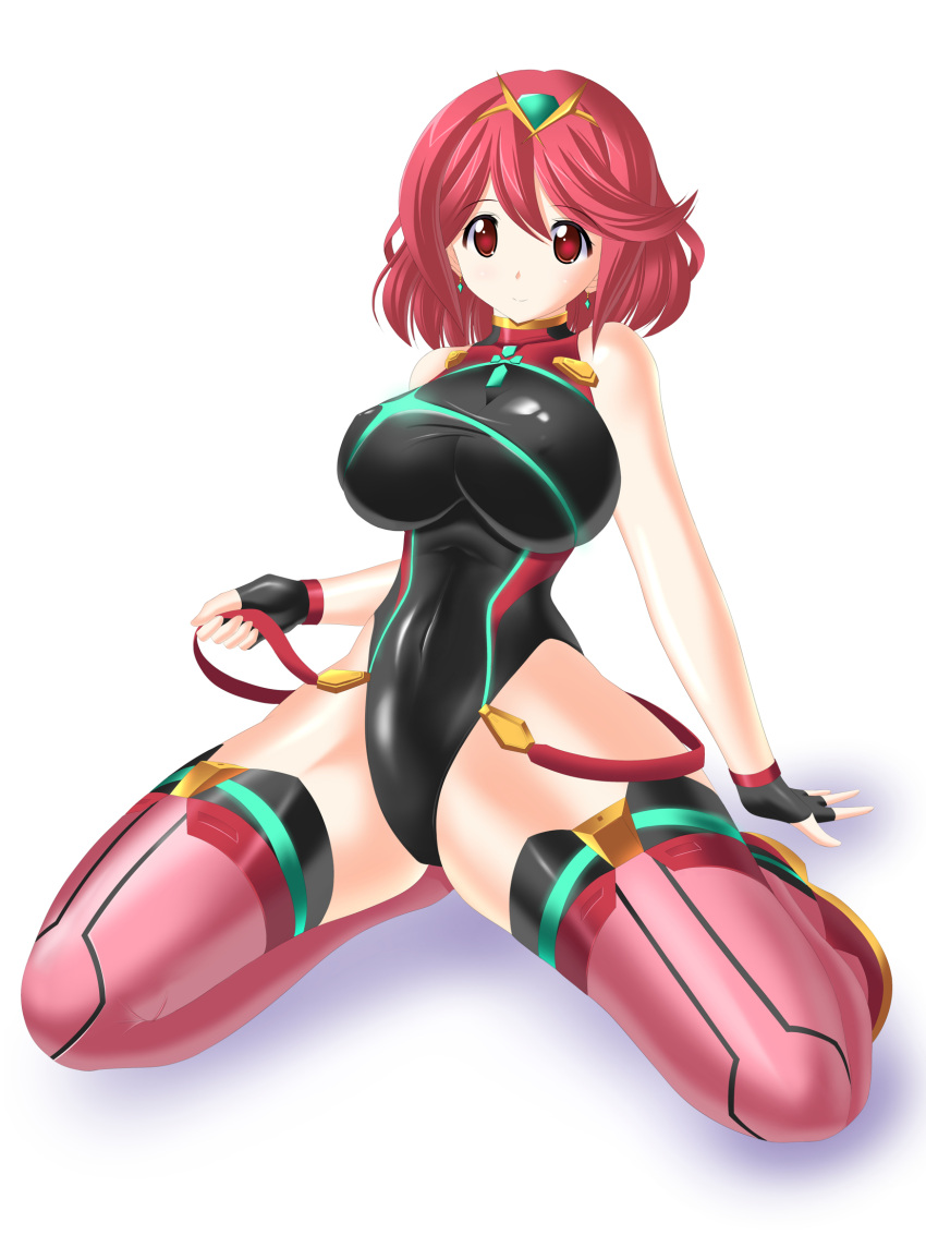 1girl, bangs, black_swimsuit, breasts, competition_swimsuit, covered_navel, earrings, fingerless_gloves