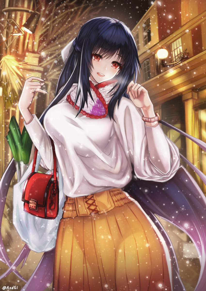 1girl, :o, asagik23, bad_anatomy, bag, black_hair, black_sky, blush
