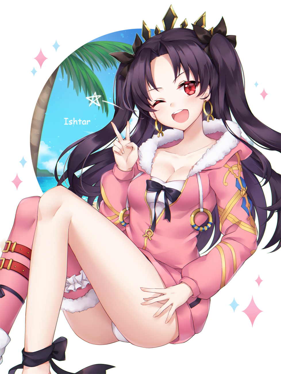 1girl, ;d, ass, asymmetrical_legwear, bangs, black_bow, black_hair, black_ribbon