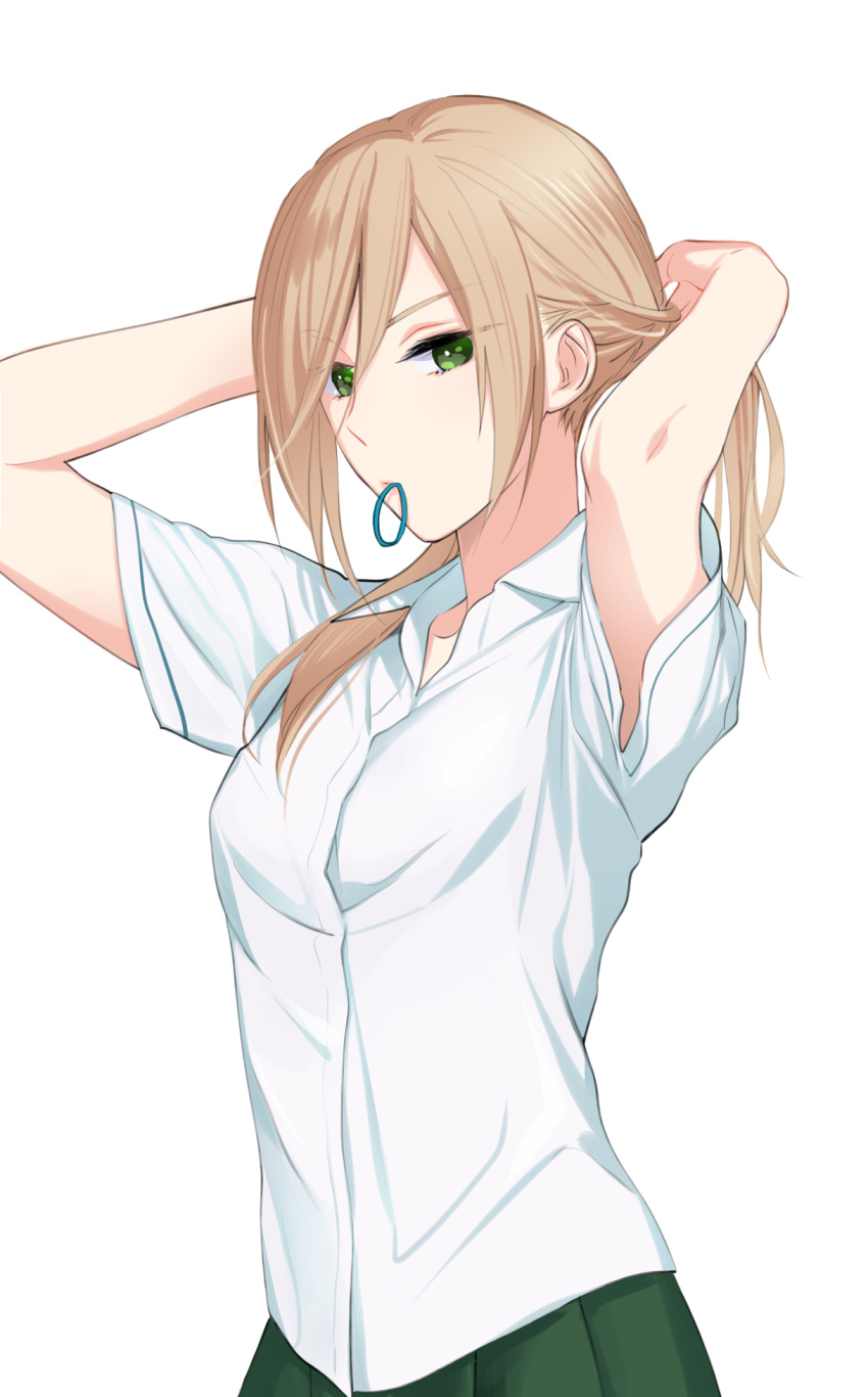1girl, arms_behind_head, brown_hair, dress_shirt, f-tani, gojou_reina, green_eyes, green_skirt