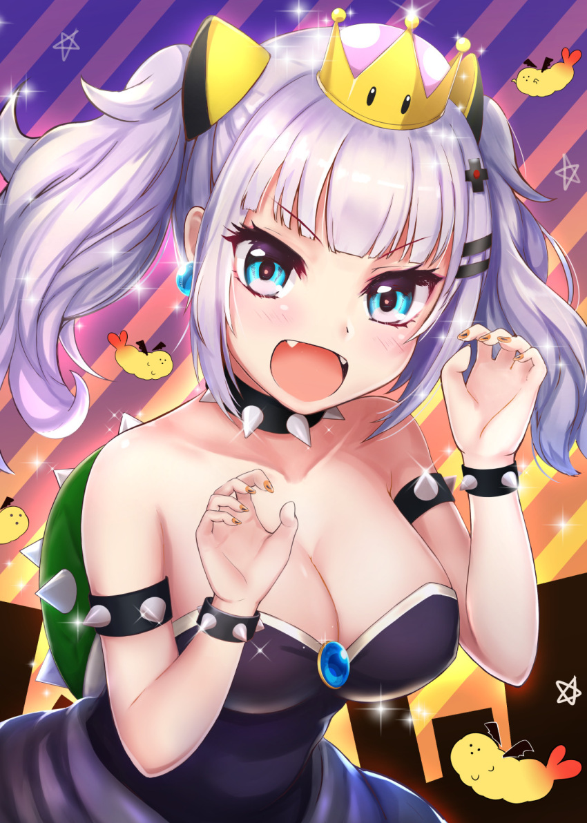 1girl, :d, armlet, bangs, bare_shoulders, blue_eyes, blunt_bangs, blush