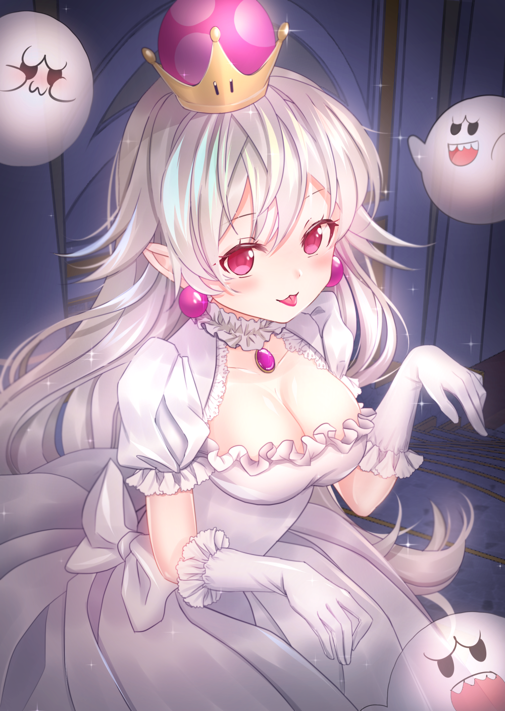 1girl, :3, blush, boo, breasts, cleavage, collarbone, dress, earrings, elbow_gloves, eyebrows_visible_through_hair, ghost_pose, gloves, highres, jewelry, large_breasts, long_hair, looking_at_viewer, luigi's_mansion, super_mario_bros., new_super_mario_bros._u_deluxe, nintendo, o_yat, pointy_ears, princess_king_boo, red_eyes, revision, smile, solo, super_crown, tongue, tongue_out, very_long_hair, white_dress, white_gloves, white_hair