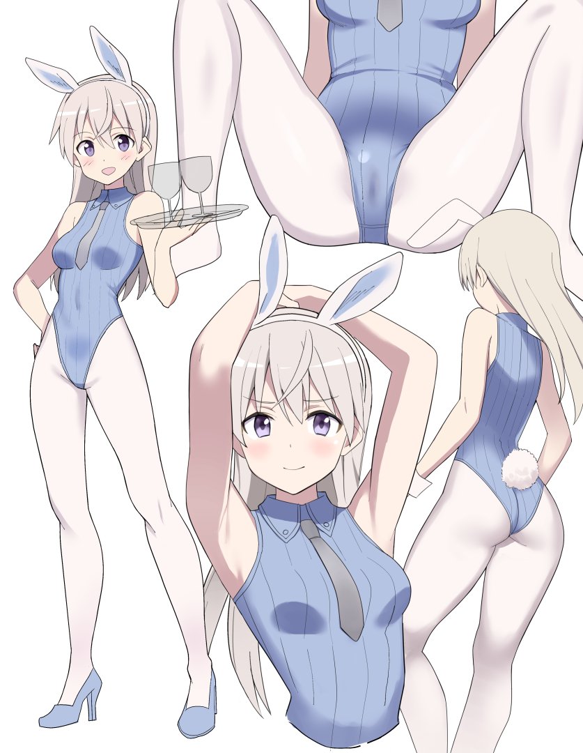 1girl, animal_ears, armpits, arms_on_head, ass, blue_footwear, blue_leotard, breasts, bunny_girl, bunny_tail, cup, drinking_glass, eila_ilmatar_juutilainen, glastonbury1966, grey_neckwear, leotard, long_hair, looking_at_viewer, multiple_views, necktie, pantyhose, ribbed_leotard, silver_hair, simple_background, small_breasts, spread_legs, strike_witches, tail, tray, violet_eyes, white_background, wine_glass, world_witches_series