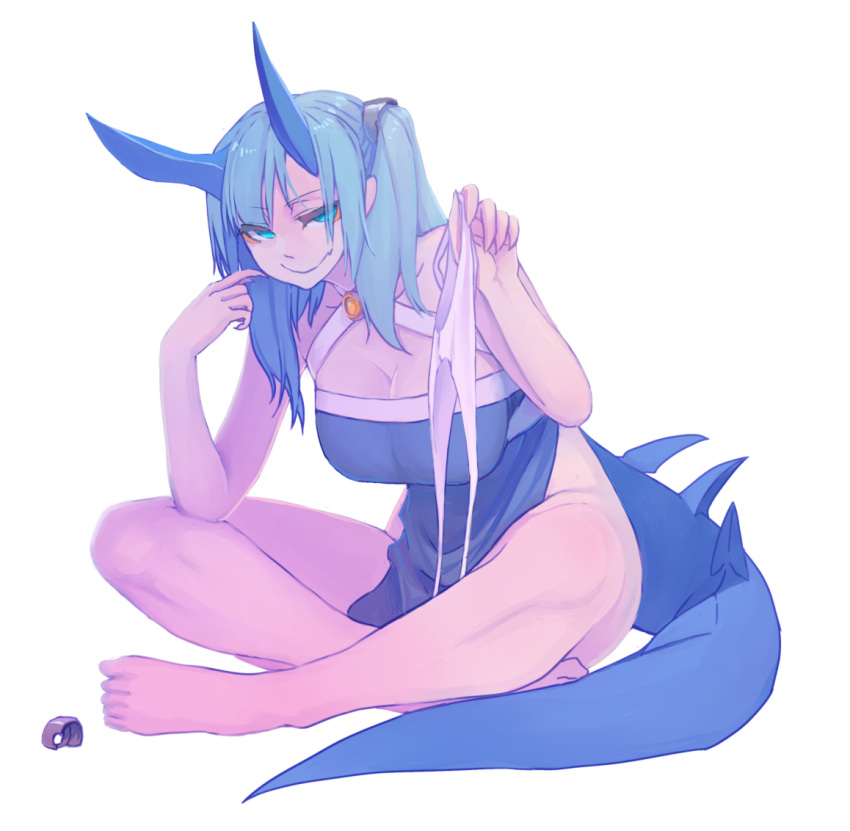 1girl, bangs, bare_shoulders, barefoot, blue_eyes, blue_hair, blue_horns, breasts, cleavage, closed_mouth, dragon_girl, dragon_horns, dragon_tail, dress, elatius_the_anchorwielder, eyeshadow, fang, fingernails, full_body, hair_ornament, halterneck, holding, holding_panties, horns, indian_style, large_breasts, long_hair, looking_at_viewer, makeup, naughty_face, no_panties, one_side_up, original, panties, pixiv_fantasia, pixiv_fantasia_revenge_of_the_darkness, sharp_fingernails, sitting, solo, tail, underwear, virgosdf, white_panties