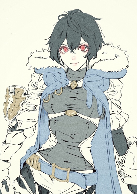 1girl, armor, belt, black_hair, cape, celliera, check_commentary, commentary, commentary_request, dragalia_lost, gauntlets, hirou_(user_pcva8255), light_smile, messy_hair, red_eyes, short_hair, simple_background, white_background