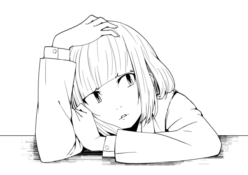1girl, blazer, hand_on_own_head, head_on_arm, jacket, lineart, monochrome, parted_lips, school_uniform, short_hair, thinking, todoroki_(xttn9dul), uchi_emiri, watashi_ga_motenai_no_wa_dou_kangaetemo_omaera_ga_warui!