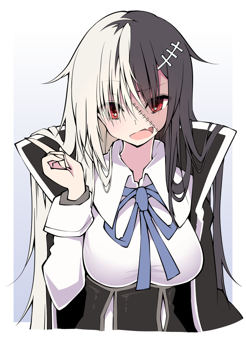 1girl, absurdres, black_hair, black_jack_(character), black_jack_(series), breasts, cape, fang, genderswap, genderswap_(mtf), hair_ornament, hairpin, highres, long_hair, medium_breasts, multicolored_hair, red_eyes, ribbon, sakakiba_misogi, scar, solo, two-tone_hair, white_hair