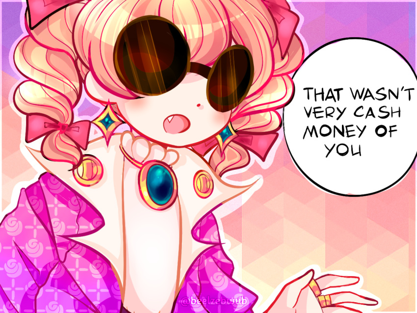 1girl, bow, coat, dot_nose, drill_hair, earrings, english, fang, hair_bow, jewelry, meme, multiple_rings, orange_hair, ring, sunglasses, thepiratedoge, touhou, yorigami_jo'on