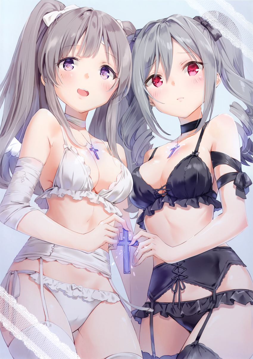 2girls, absurdres, arm_ribbon, bandage, bandaged_arm, bandages, bangs, black_bra, black_legwear, black_panties, black_vs_white, blue_background, blush, bow, bow_panties, bra, breasts, choker, cleavage, collarbone, cowboy_shot, cropped, cross, cross_necklace, drill_hair, frills, garter_belt, glowing, glowing_cross, hair_between_eyes, hair_bow, highres, hips, idolmaster, idolmaster_cinderella_girls, idolmaster_shiny_colors, jewelry, kanzaki_ranko, latin_cross, light_brown_hair, long_hair, looking_at_viewer, medium_breasts, multiple_girls, necklace, open_mouth, panties, pink_eyes, ribbon, scan, shiratama_akane, sidelocks, signature, silver_hair, simple_background, smile, thigh-highs, twin_drills, twitter_username, underwear, underwear_only, violet_eyes, waist, white_bra, white_legwear, white_panties, yuukoku_kiriko