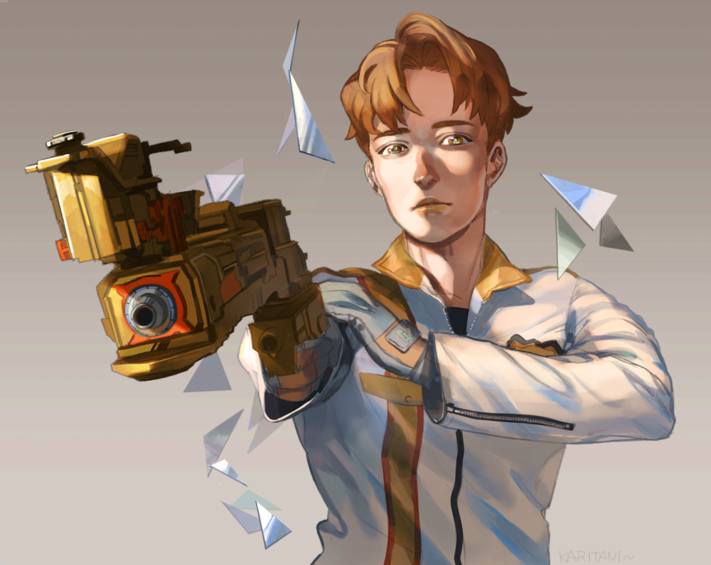1boy, aiming_at_viewer, brown_hair, gloves, gun, holding, holding_gun, holding_weapon, kaitou_sentai_lupinranger_vs._keisatsu_sentai_patranger, kariya8, lipstick, makeup, male_focus, solo, super_sentai, takao_noel, uniform, weapon, white_uniform, yellow_eyes, yellow_lipstick, zipper