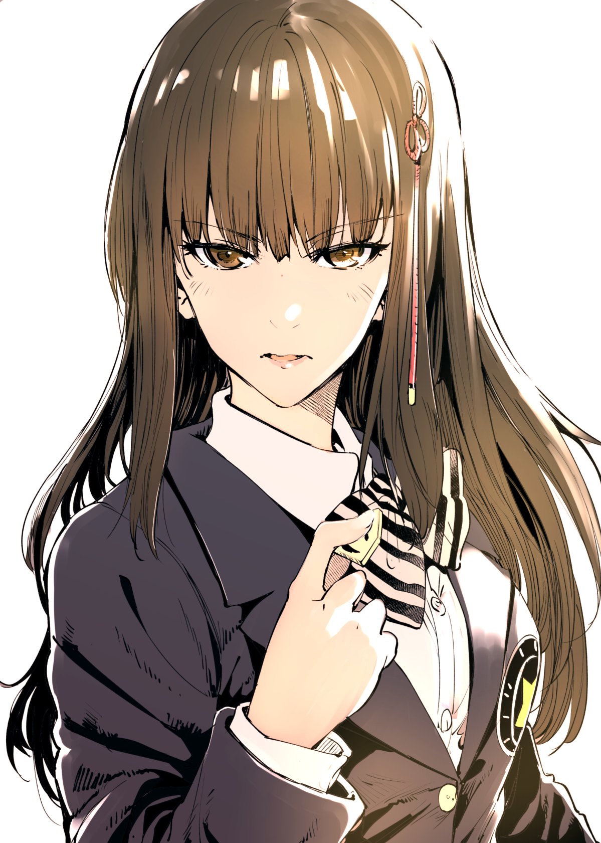 1girl, bangs, blazer, blue_jacket, board_game, bonkara_(sokuseki_maou), bow, brown_eyes