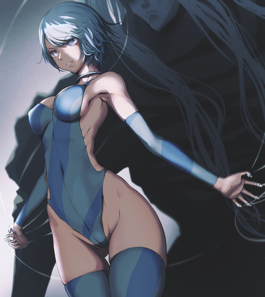 1girl, armpits, ass_visible_through_thighs, bare_shoulders, breasts, breasts_apart, choker, closed_mouth