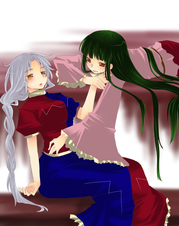 black_hair, hat, houraisan_kaguya, kuzumiya_yuyu, long_hair, multiple_girls, silver_hair, touhou
