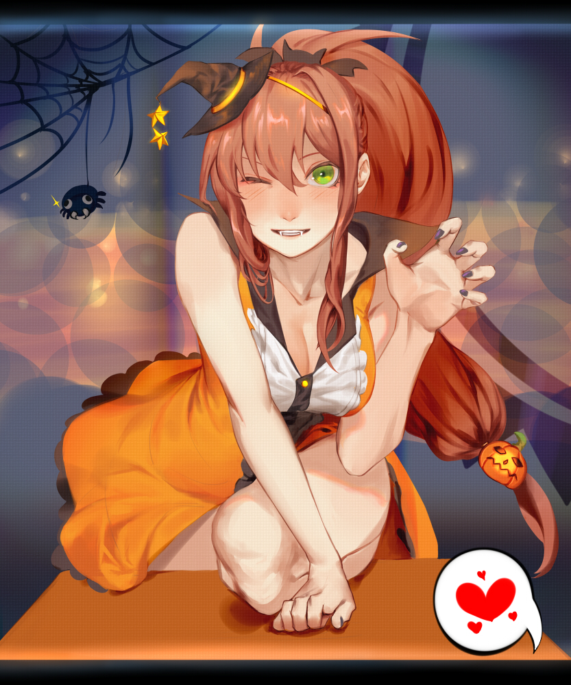 1girl, bare_arms, bare_shoulders, breasts, brown_hair, bug, claw_pose, cleavage